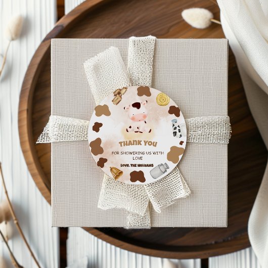 Sticker Rond Merci de Baby shower de la vache de ferme Boho