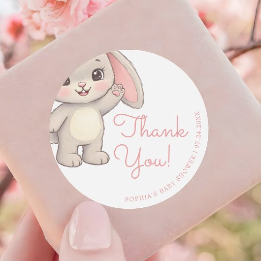 Sticker Rond Merci de Baby shower de lapin rose roux