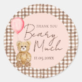 Sticker Rond Merci de Baby shower de l'ours rose pâle (Devant)