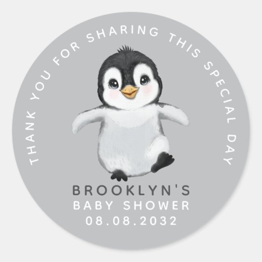 Sticker Rond Merci de Baby shower de pingouin mignon (Devant)