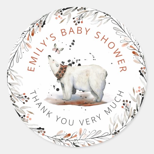 Sticker Rond Merci de Baby shower d'hiver de l'ours polaire (Devant)