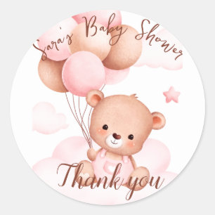 Sticker Rond Merci de Baby shower d'ours rose