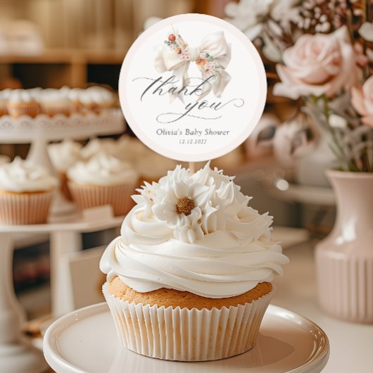 Sticker Rond Merci de Baby shower élégant Floral Bow