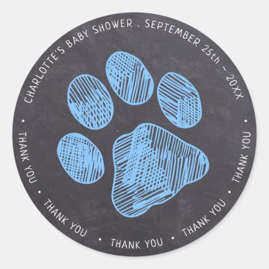 Sticker Rond Merci de Baby shower Empreinte de patte bleu Chalk (Devant)