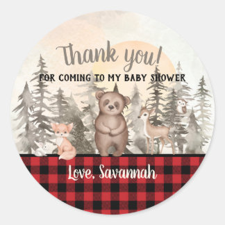 Sticker Rond Merci de Baby shower en bois de Buffalo Plaid