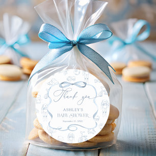 Sticker Rond Merci de Baby shower en toile bleue de Jouy