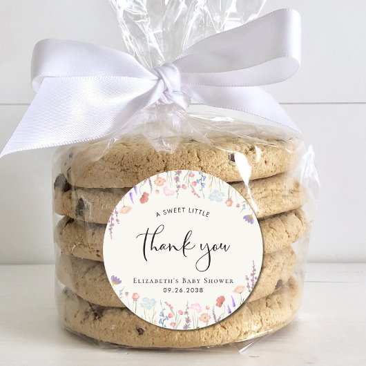 Sticker Rond Merci de Baby shower fleur sauvage aquarelle