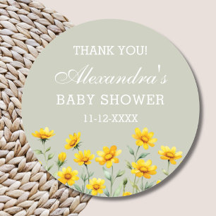 Sticker Rond Merci de Baby shower Fleur sauvage Sage Green