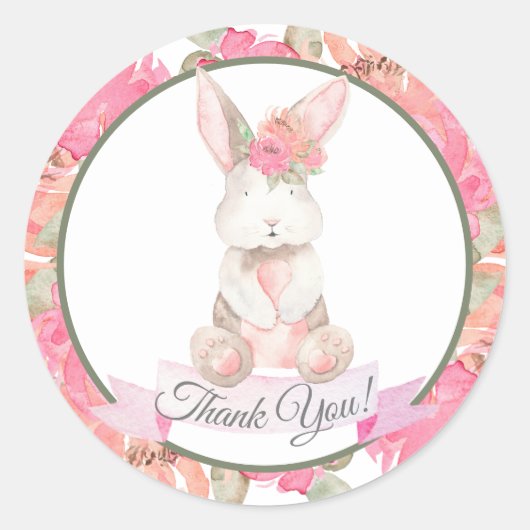 Sticker Rond Merci de Baby shower floral de lapin doux (Devant)