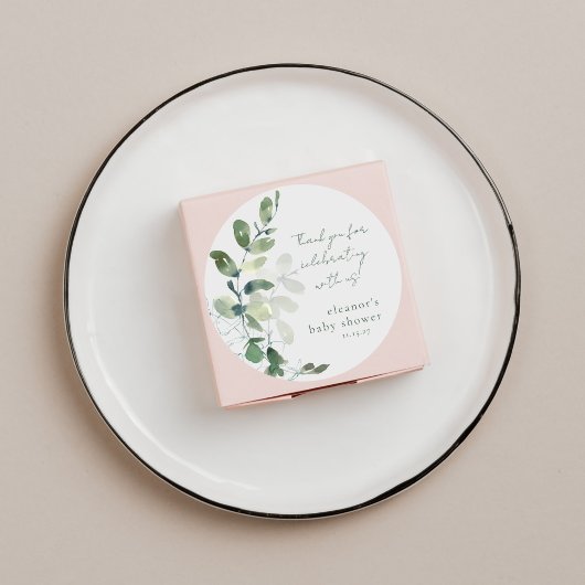 Sticker Rond Merci de Baby shower personnalisé Eucalyptus vert