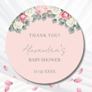 Sticker Rond Merci de Baby shower Rose rose vif