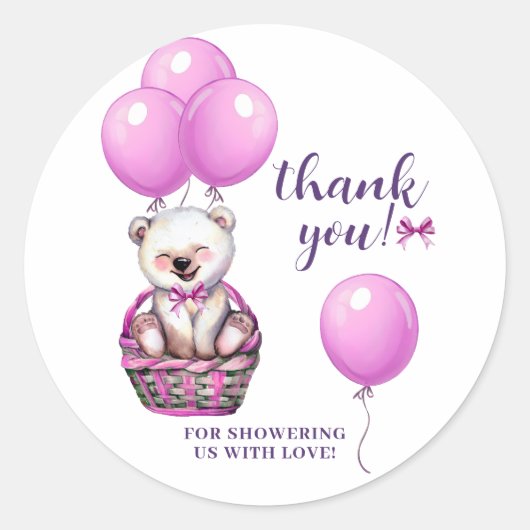 Sticker Rond Merci de Baby shower rose Teddy Bear (Devant)