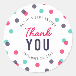 Sticker Rond Merci de Baby shower Turquoise Indigo Pink Confett