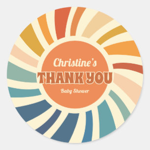 Sticker Rond Merci de Baby shower Vintage rétro Sun Rainbow