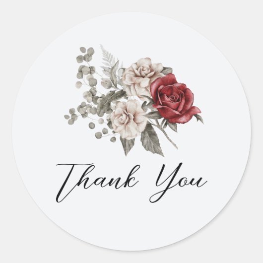 Sticker Rond Merci de bouquet rouge gris et crème Boho (Devant)