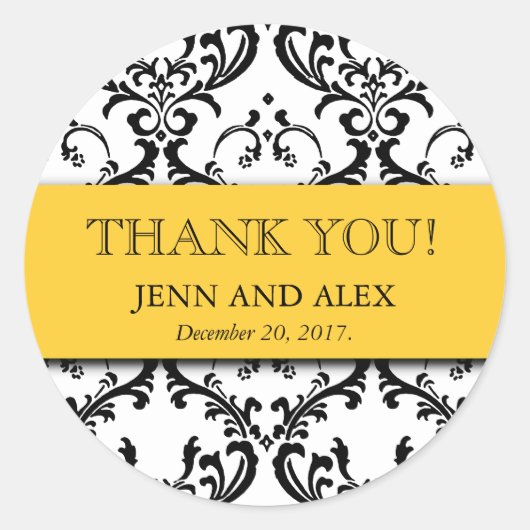 Sticker Rond Merci de damassé épousant le jaune de faveurs (Devant)
