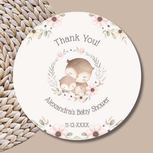 Sticker Rond Merci de de Baby shower de Chouette de la Forêt F