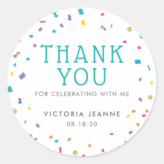 Sticker Rond Merci de fête d'anniversaire de Confetti coloré (Devant)