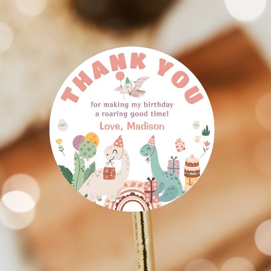 Sticker Rond Merci de fête d'anniversaire de Dinosaur