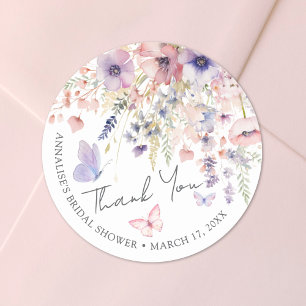 Sticker Rond Merci de Fête des mariées Fleur sauvage papillon
