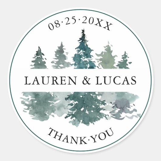 Sticker Rond Merci de forêt de pins rustiques Mariage (Devant)