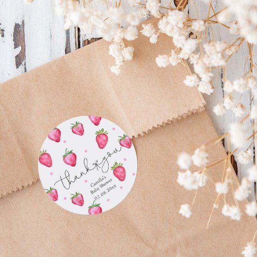 Sticker Rond Merci de fraise Baby shower doux Berry
