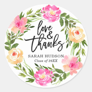 Sticker Rond Merci de graduation en fleurs rose
