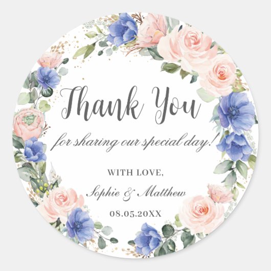 Sticker Rond Merci de la nuptiale Mariage floral bleu Blush (Devant)