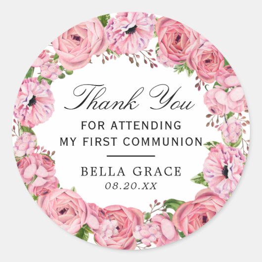 Sticker Rond Merci de la première communion rose floral (Devant)