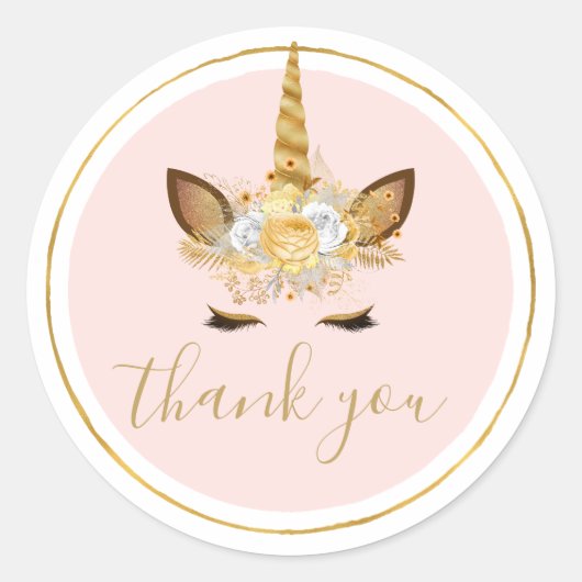 Sticker Rond Merci de l'Unicorne Florale d'or (Devant)