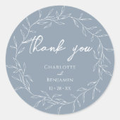 Sticker Rond Merci de Mariage à feuilles minimales bleu poussié (Devant)