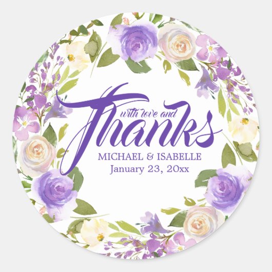 Sticker Rond Merci de Mariage blanc violet (Devant)