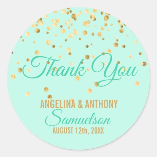 Sticker Rond Merci de MARIAGE Confetti en or à la menthe person (Devant)