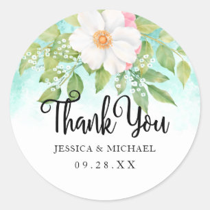 Sticker Rond Merci de Mariage d'anémone à fleurs Ombre Turquois