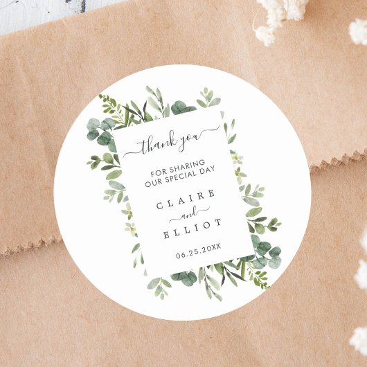 Sticker Rond Merci de Mariage de couronne verte Eucalyptus