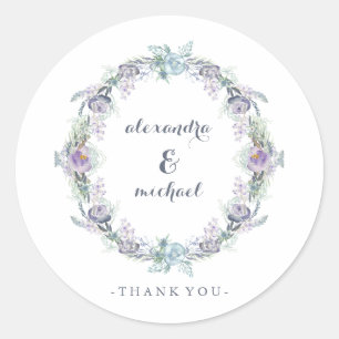 Sticker Rond Merci de Mariage de couronnes florales bleu et vio