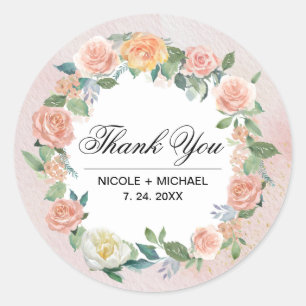 Sticker Rond Merci de Mariage de de fleurs d'ivoire rose