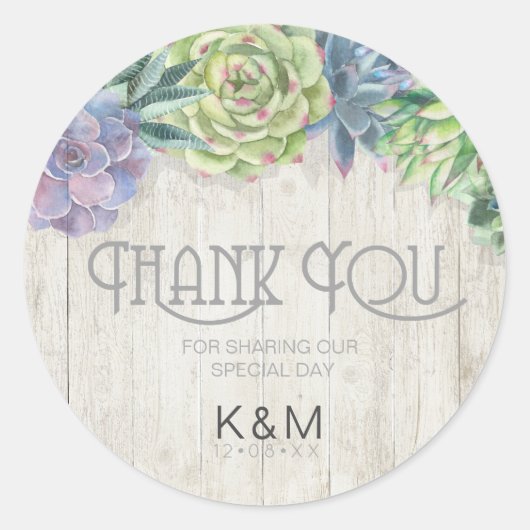 Sticker Rond Merci de Mariage de succulents et de bois rustique (Devant)