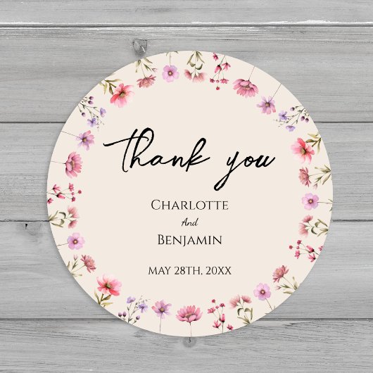 Sticker Rond Merci de Mariage Fleur sauvage moderne