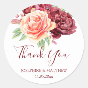 Sticker Rond Merci de Mariage Rose d'aquarelle Bourgogne Peach