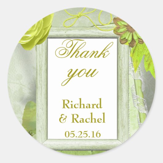Sticker Rond Merci de Mariage rustique personnalisé vert (Devant)