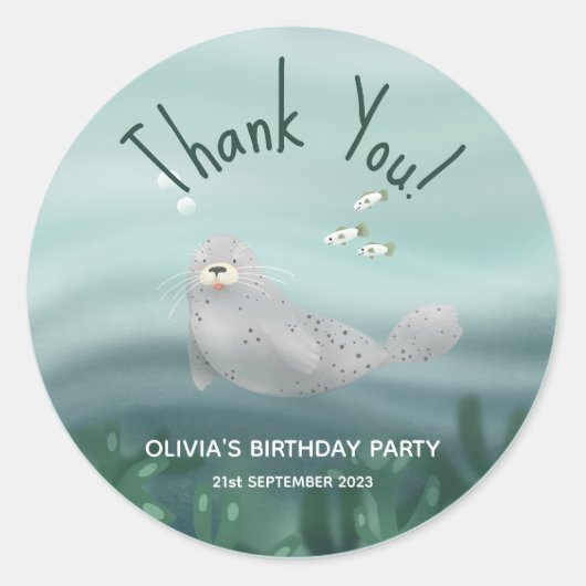 Sticker Rond Merci de phoque bleu mou Anniversaire de enfant (Devant)