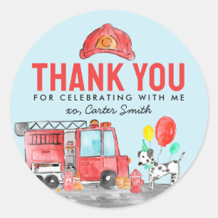Sticker Rond Merci  de pompier de camion Anniversaire de enfant