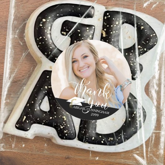 Sticker Rond Merci de script blanc noir photo Graduation