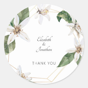 Sticker Rond Merci des noms de Mariages floraux blancs