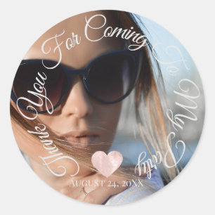 Sticker Rond Merci d'être venu Photo de date de fête Cœur