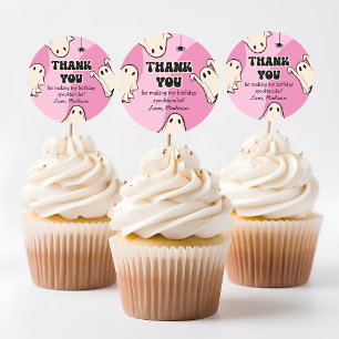 Sticker Rond Merci d'Halloween rose Fantômes rétro