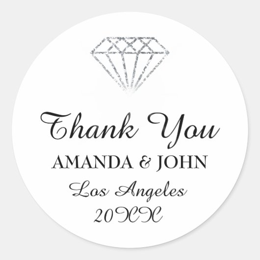 Sticker Rond Merci Diamond Nom Mariage Bridal Sweet16th White (Devant)