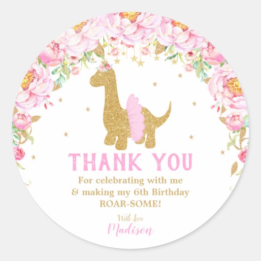 Sticker Rond Merci Dinosaure Floral Favor Tutu Brachiosaurus (Devant)