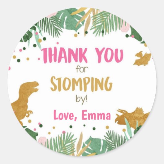 Sticker Rond Merci Dinosaure Stomping Par Fille Anniversaire (Devant)